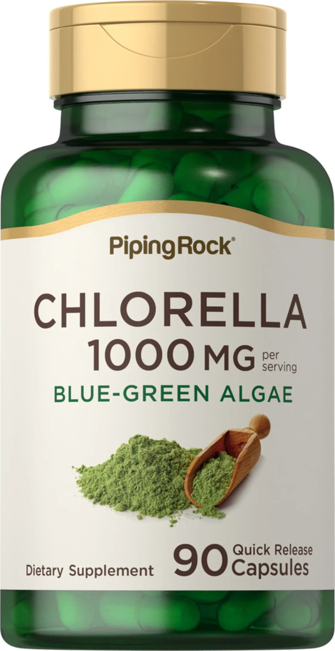 Хлорелла Piping Rock Chlorella Blue-Green Algae, 1000 mg (per serving), 90 Quick Release Capsules, фото 1