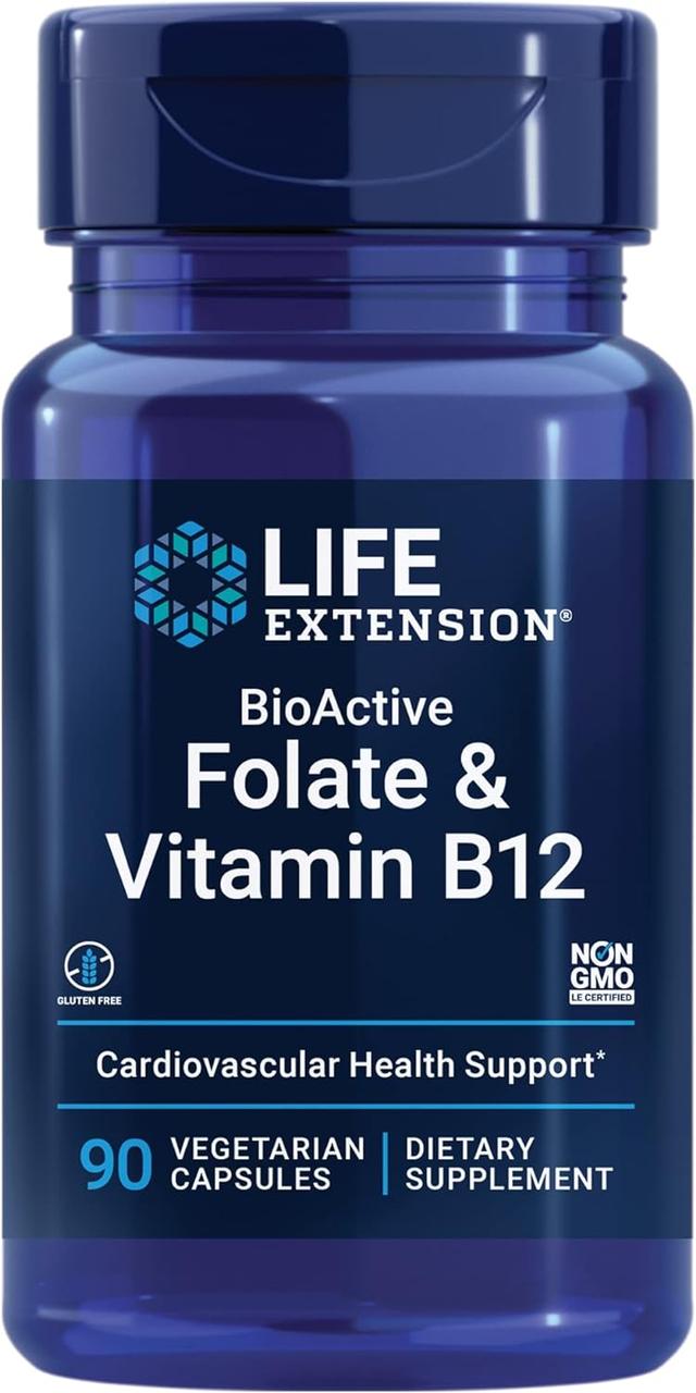 Life Extension BioActive Folate & Vitamin B12 / Фолат (5-MTHF) і вітамін Б12 (метилкобаламін) 90 капсул, фото 1