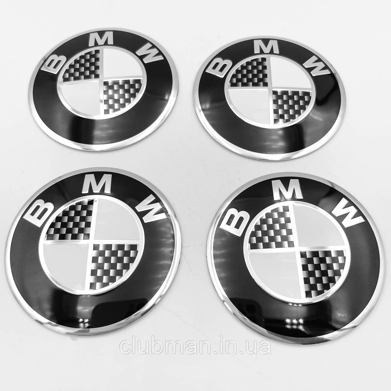 Наклейки на ковпачки заглушки в диски BMW (БМВ) Чорно білий Карбон 56 мм 4 шт
