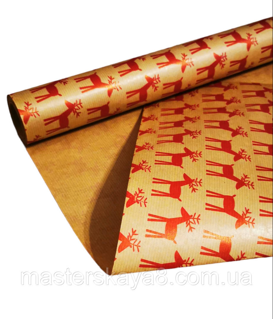 Папір для оформлення подарунків "Червоний олень" 70см / намотка 10 метрів