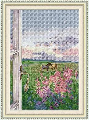 Набір для вишивання за нанесеною на канву схемою "Flowers and Horses in the Windo". AIDA 14CT printed 32*44 см