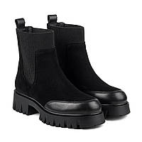 Ботинки челсы женские зимние на толстой тракторной подошве, на платформе и каблуке, черные замшевые 37