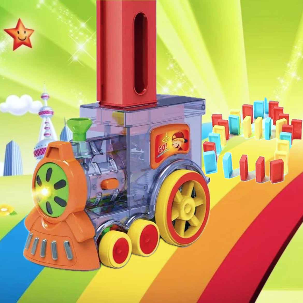 Дитяча іграшка паровозик із доміно Intelligence Domino ⁇ Потяг-доміно Happy Truck sciries COLORS 100 деталей