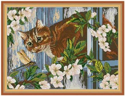 Набір для вишивання за нанесеною на канву схемою "Cat and dragonflie". AIDA 14CT printed 42*33 см
