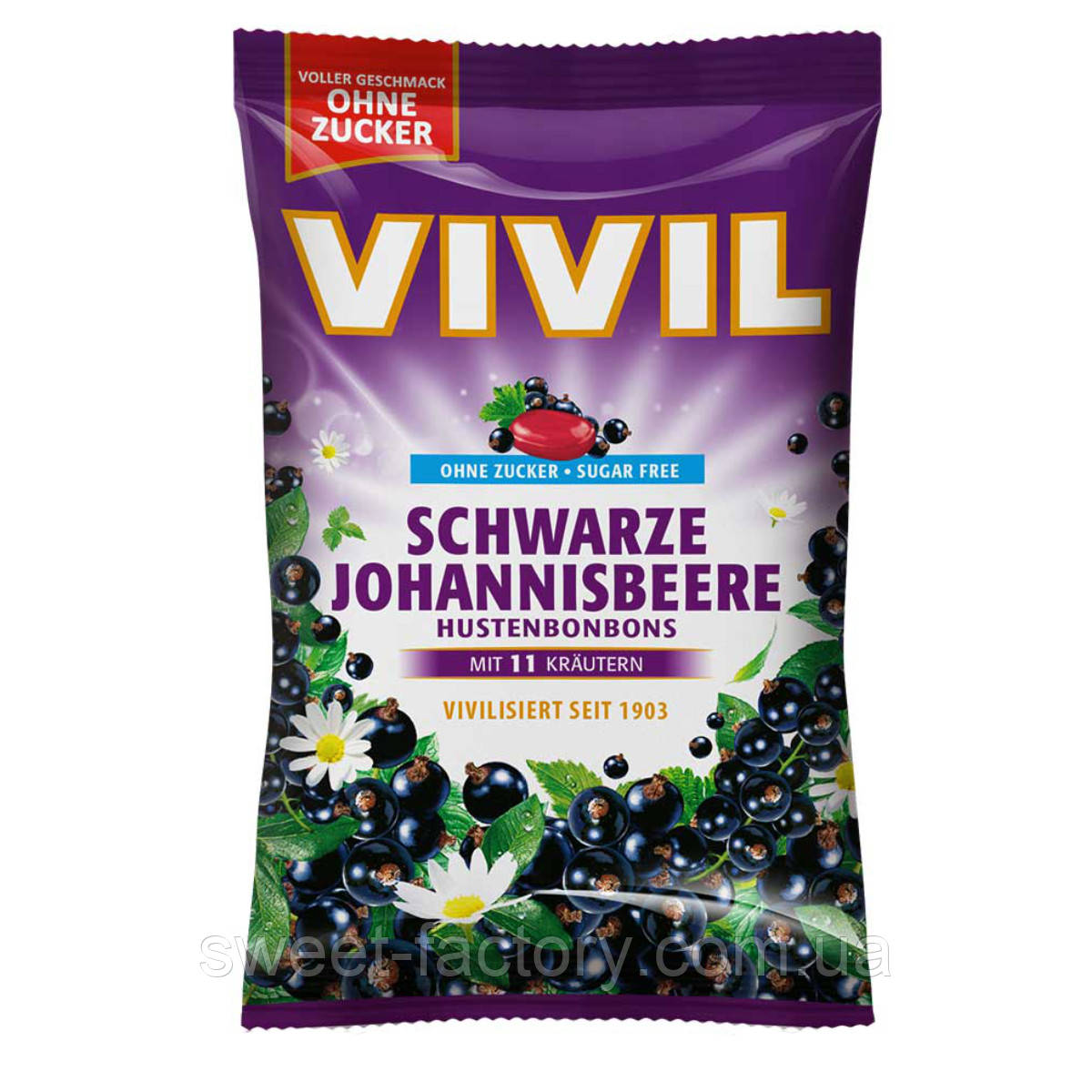 Льодяники Vivil Schwarze Johannisbeere Mit 11 Krautern Sugar Free 120g, фото 1