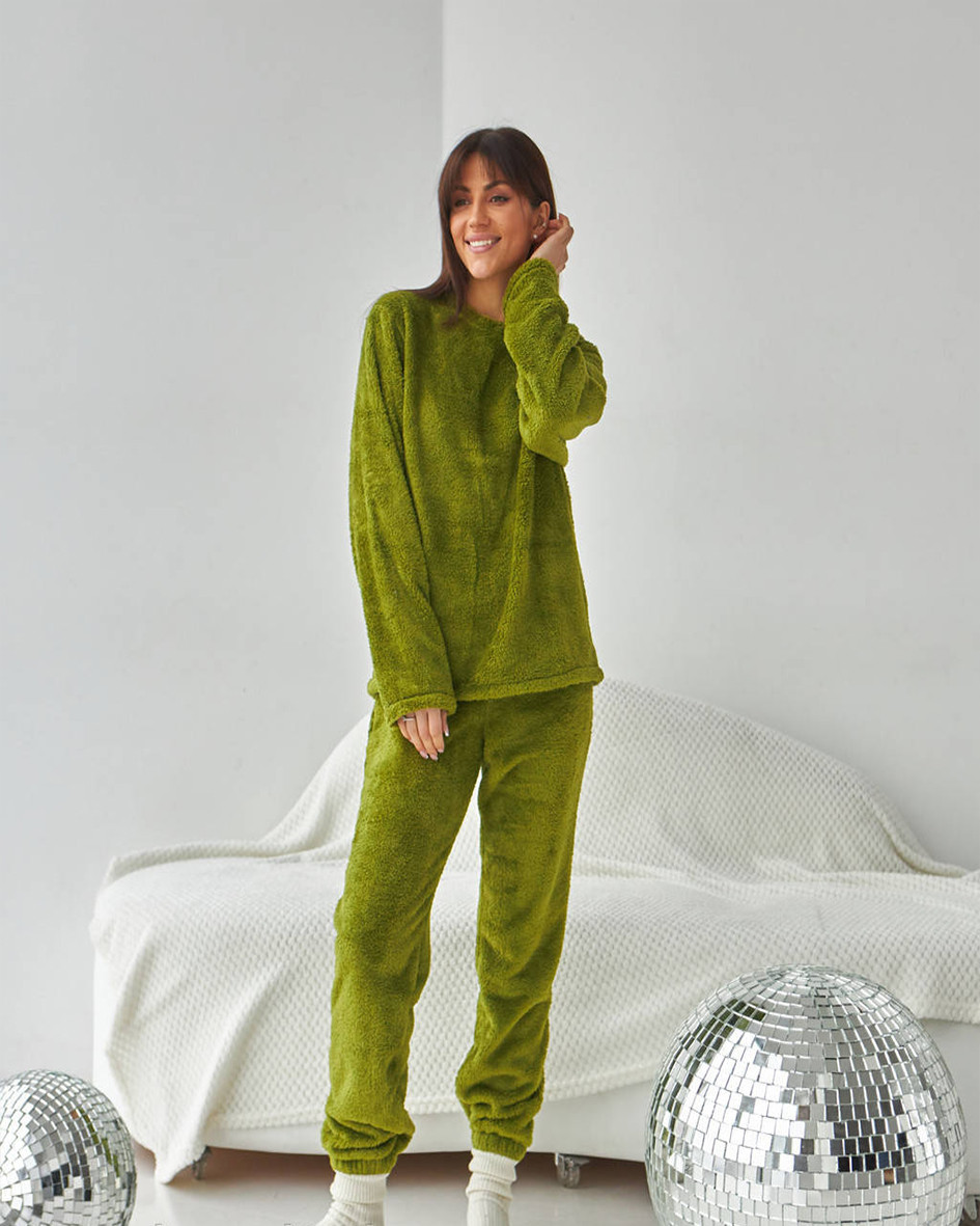 Махровый костюм зеленого цвета (олива), Комфортная женская пижама для дома и сна - фото 2 - id-p1979131741
