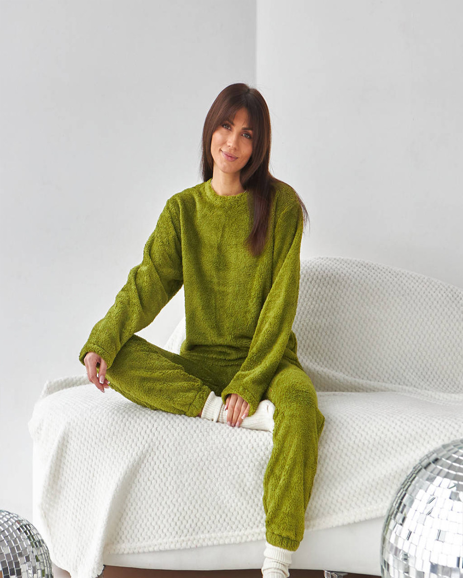 Махровый костюм зеленого цвета (олива), Комфортная женская пижама для дома и сна - фото 1 - id-p1979131741