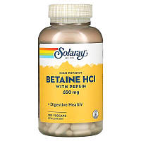 Бетаин HCL + Пепсин SOLARAY "Betaine HCL with Pepsin" высокоусвояемый, 650 мг (250 капсул)