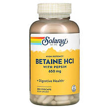 Бетаїн HCL + Пепсин SOLARAY "Betaine HCL with Pepsin" високозасвоюваний, 650 мг (250 капсул)