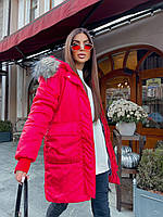 Оригінальна, зимова, пальто-куртка з капюшоном хутро Єнот, тканина плащівка лаку (силікон 250) оверсайз 42-46