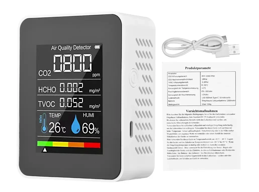 Детектор вуглекислого газу (СО2), формальдегіду (HCHO) і TVOC Модель BC125 з гігрометром і термометром, фото 1
