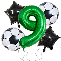 Шары фольгированные с зеленой цифрой 9, набор воздушных шаров с футбольным мячом