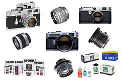 Плівкові фотоапарати, об'єктиви, фотоплівка, фотопапір, аксесуари