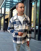 Мужская теплая рубашка в клетку размер M, L, XL | Байковые мужские рубашки Синий с белым, 50