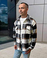 Мужская теплая рубашка в клетку размер M, L, XL | Байковые мужские рубашки Коричневый с белым, 50