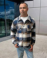 Мужская теплая рубашка в клетку размер M, L, XL | Байковые мужские рубашки Сине коричневый с белым, 46