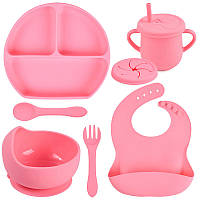 Набор силиконовой посуды Y14 трех-секционная тарелка, поильник, ложка вилка, слюнявчик Розовый (n-10991)