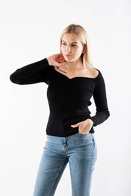 Пуловер в V-вирізом в рубчик чорний 65003 (2000000117065)