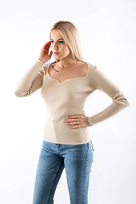 Пуловер в V-вирізом в рубчик бежевий 65003 (2000000117041)