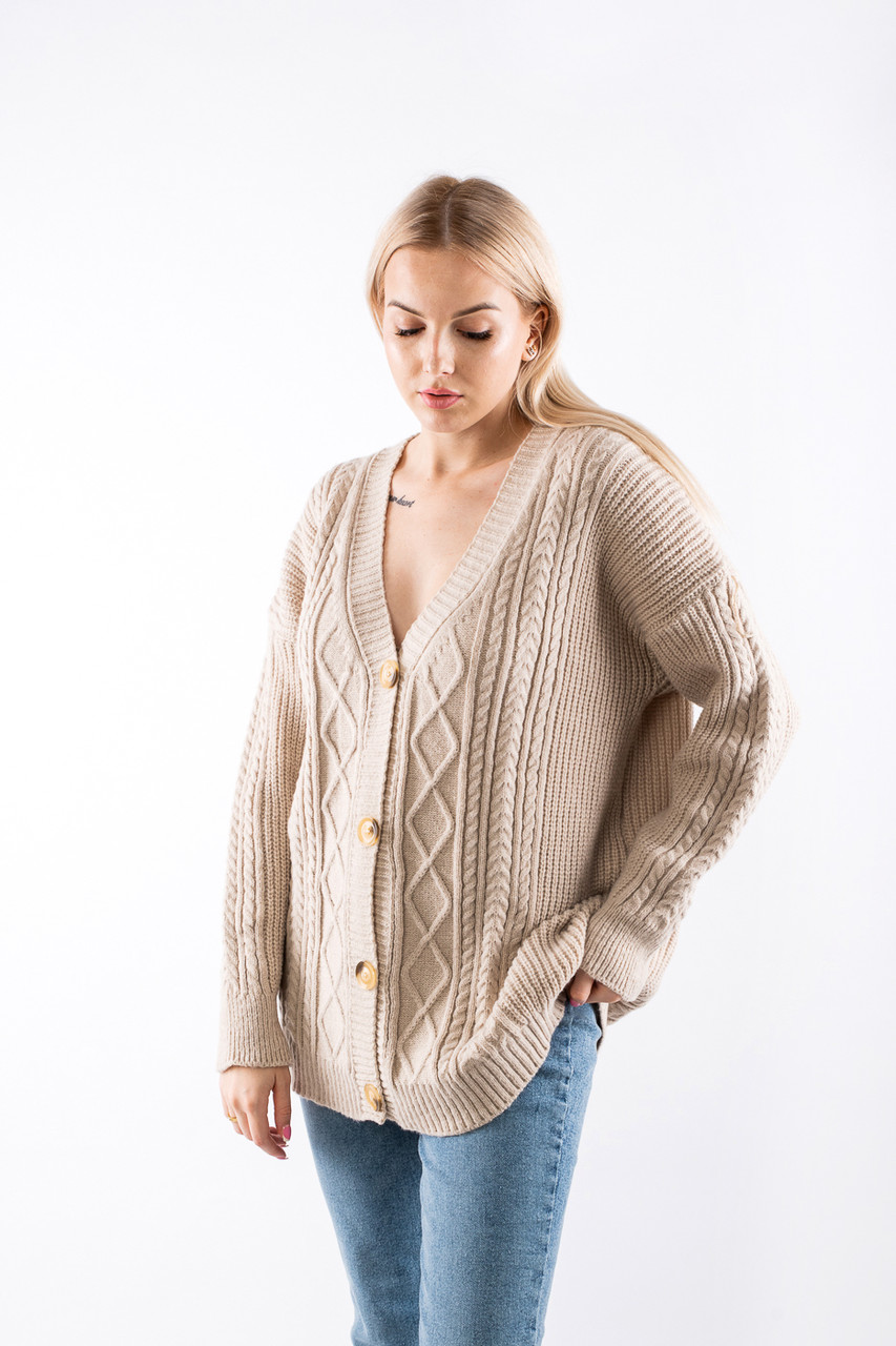 Кардиган жіночий  з декоративною вязкою бежевий 64033 ONE SIZE (2000000117898), фото 1