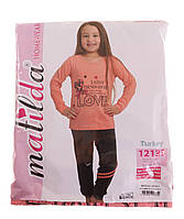 Пижама для девочки хлопковая с длинным рукавом персиковая / серая Турция р.140