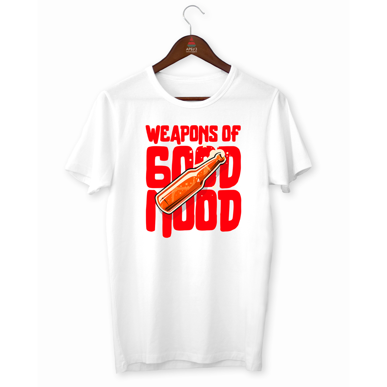 Футболка біла з оригінальним принтом "Weapons of Good Mood" Push IT