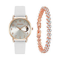 Женские часы + браслет из еко-кожы с украшением на циферблате рисунка в виде луны Белый
