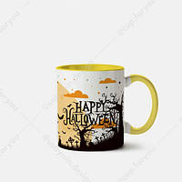 Чашка с принтом "Happy Halloween Scary Night" керамическая подарочная, 330 мл Желтая ручка