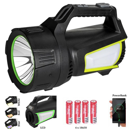 Ліхтар переносний T100A-10W+2COB (white+red+blue), power bank, 4x18650, ЗУ Type-C, фото 1