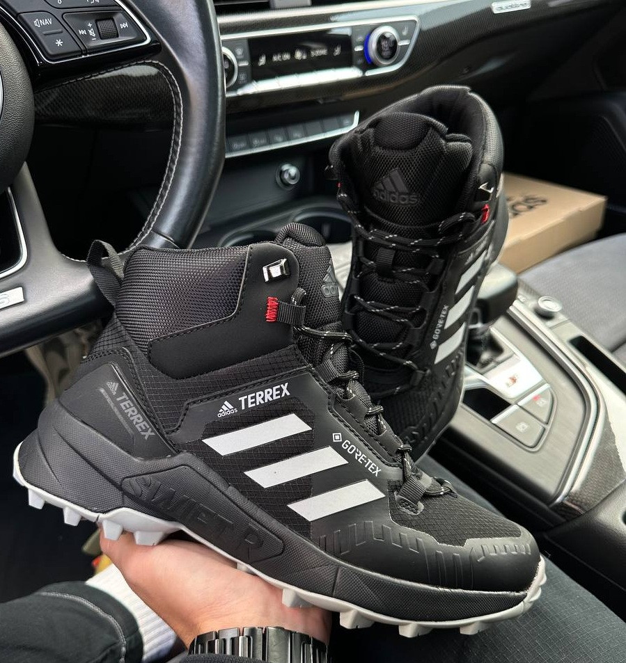 Зимові чоловічі кросівки Adidas Terrex Swift R Termo зима-осінь термо (чорно-сірі). Живе фото. Високі чоловічі черевики, фото 1