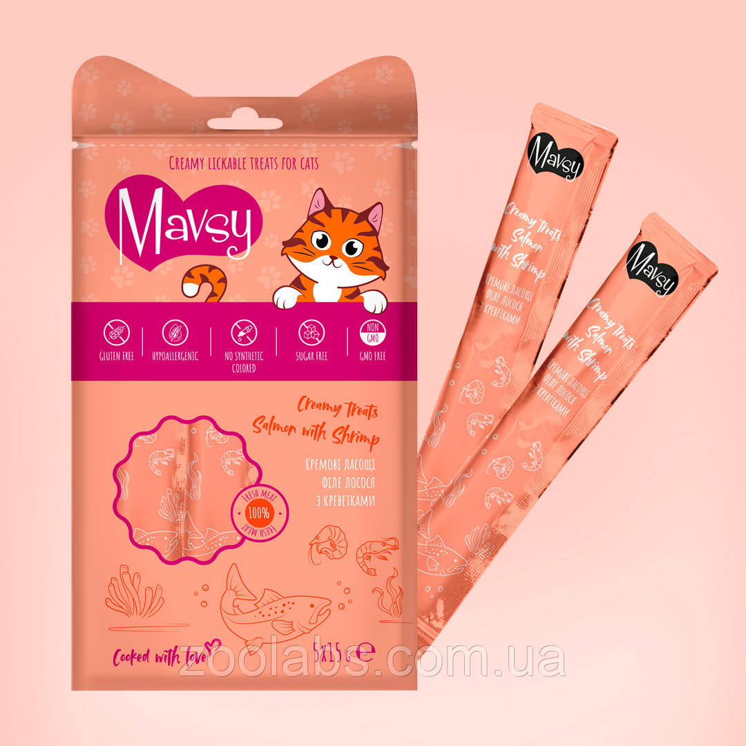 Ласощі Mavsy для котів лосось с креветками | Mavsy Cream Treats Salmon With Shrip 70 грам