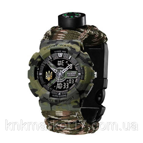 Тактичний годинник Patriot 005 Тризуб золото Camo Green Паракордовий ремінець Camo Green + Коробка, фото 1