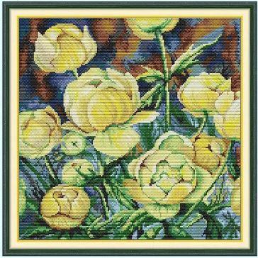 Набір для вишивання за нанесеною на канву схемою "Oil Painting Camellias". AIDA 14CT printed 37*37 см