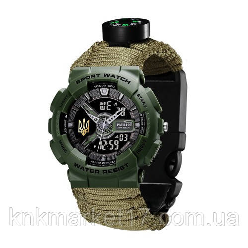 Годинник наручний Patriot 005 Тризуб золото Army Green Паракордовий ремінець Army Green + Коробка., фото 1