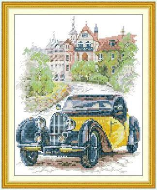 Набір для вишивання за нанесеною на канву схемою "Yellow Classic Car". AIDA 14CT printed 26*30 см