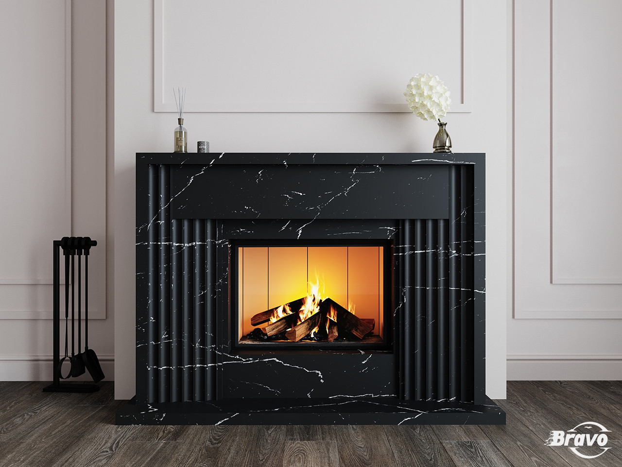 Портал для каміна (обличчя) Портленд з натурального мармуру Nero Marquina Antique