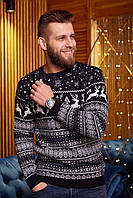 Мужской свитер с оленями синий теплый без горла Кофта с новогодним принтом (Bon)
