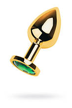 Gold anal plug TOYFA Metal with green round-shaped gem, length 7,8 cm, diameter 2,2-3,5 cm, weight 9