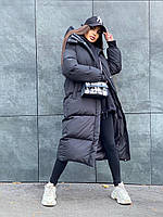 Пуффер зимний женский на молнии ниже колен с капюшоном, плащевка+аэропух; размер:42-46,48-50 (батал под заказ) Черный, 42/46