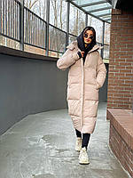 Пуффер зимний женский на молнии ниже колен с капюшоном, плащевка+аэропух; размер:42-46,48-50 (батал под заказ) Бежевый, 42/46