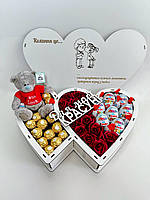 Подарунковий набір дівчині, солодкий бокс з квітами та маленьким ведмедиком дружині на день народження, подарунок мамі