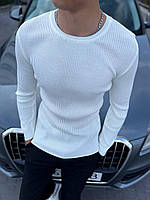 Мужской шерстяной свитер белый классический без горла на зиму в рубчик теплый (Bon)