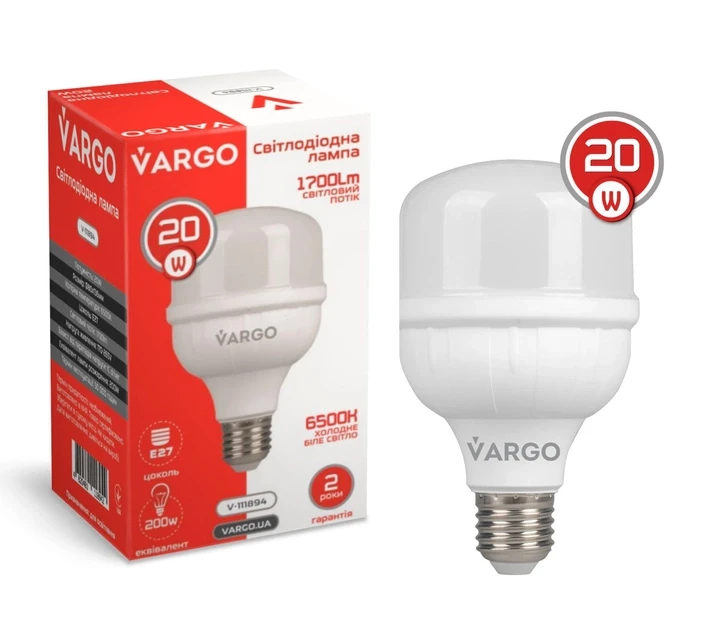 LED лампа VARGO 20W E27 6500K 80*136мм 220V (V-111894), фото 1