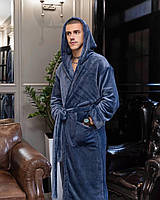 Мужской теплый,турецкий махровый халат с капюшоном.Халат домашний длинный в расцветках на запах,с поясом s-m , 46-48, Синий