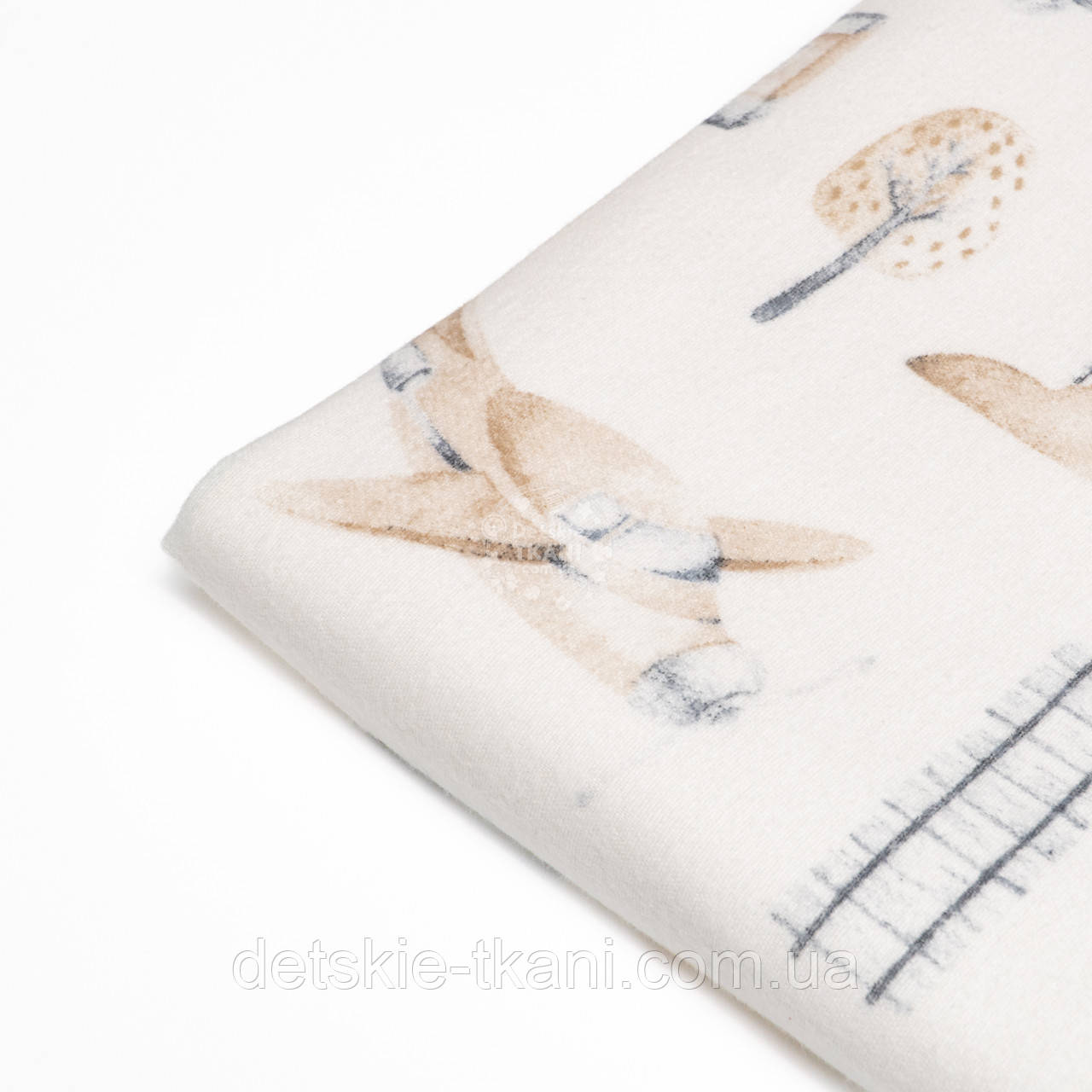 Відріз фланелі "Паровози, літаки та будинки" бежеві на білому, розмір 50*240 см, фото 1