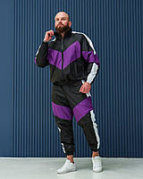Мужской спортивный костюм куртка штаны плащевка черно-фиолетовый, комплект без капюшона Ретро демисезонный