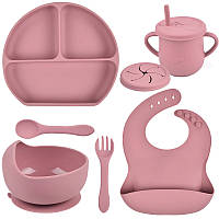 Набор силиконовой посуды Y19 трех-секционная тарелка, поильник, ложка вилка, слюнявчик Розовый (n-10996)
