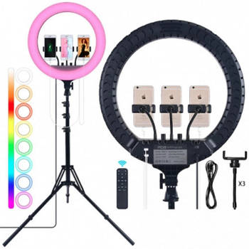Кільцева LED лампа RL-18RGB 45 см на 3 кріплення зі штативом і пультом для блогерів
