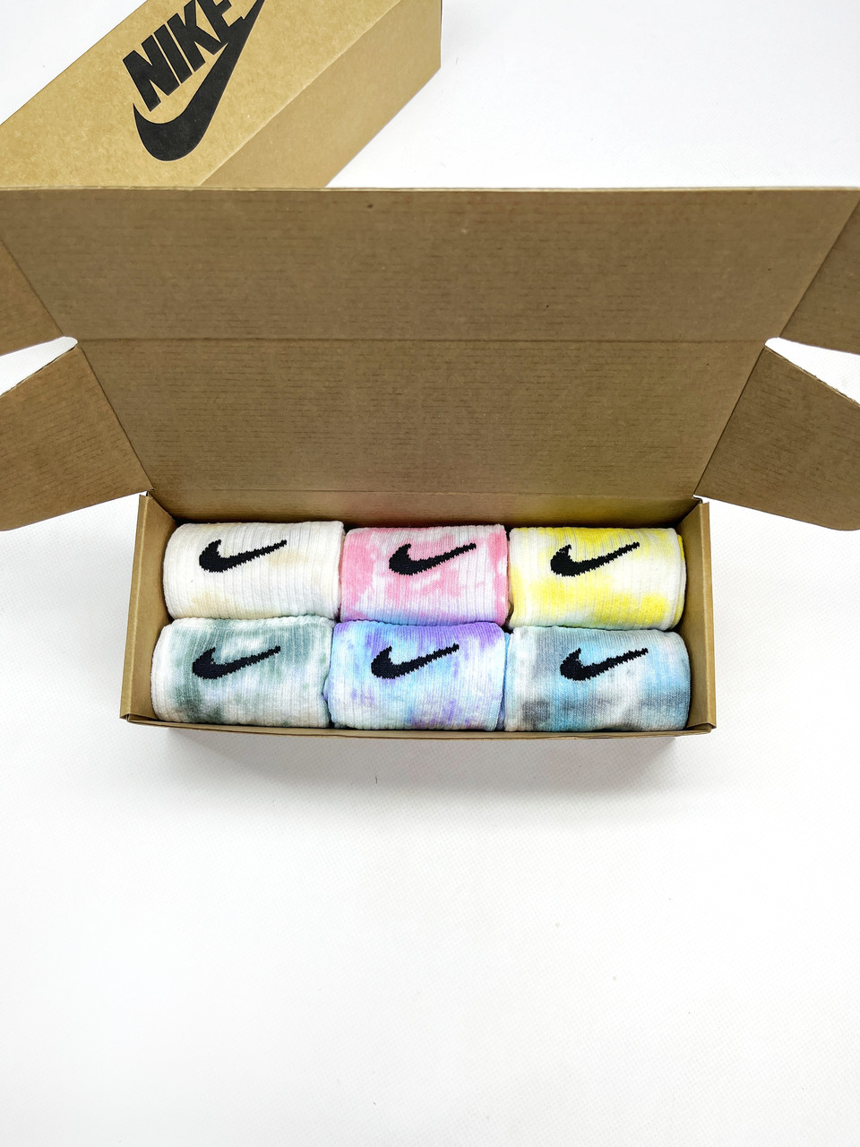 Набір у коробці 6 пар високі чоловічі шкарпетки Nike/найк — Tie-Dye кольорові Подарунковий тай дай