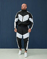 Мужской спортивный костюм куртка штаны плащевка черно-белый, комплект без капюшона Ретро демисезонный